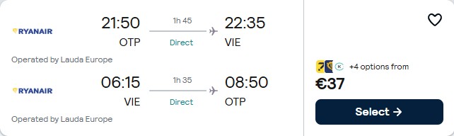 Non-stop flights from Bucharest, Romania to Vienna, Austria for only €37 roundtrip. Flight deal ticket image.