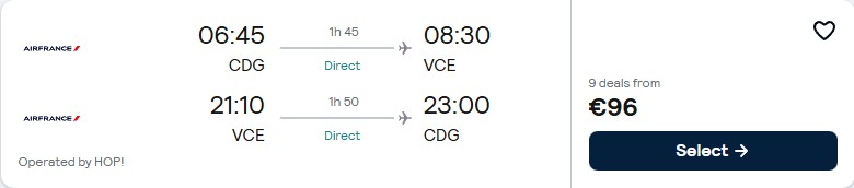 Click here to book this cheap flight deal. Non-stop flights from Paris, France to Venice, Italy for only €96 roundtrip with Air France. Flight deal ticket image.