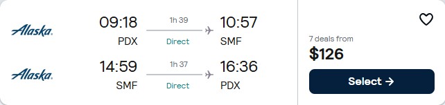 Non-stop flights from Portland, Oregon to Sacramento, California for only $126 roundtrip with Alaska Airlines. Also works in reverse. Flight deal ticket image.