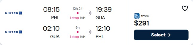 Cheap flights from Philadelphia to Guatemala City, Guatemala for only $291 roundtrip with United Airlines. Flight deal ticket image.