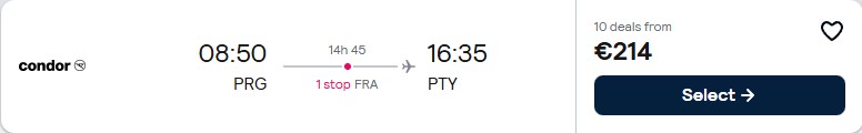 Click here to book this cheap flight deal. Last minute flights from European cities to Panama City, Panama from only €214 one-way. Flight deal ticket image.