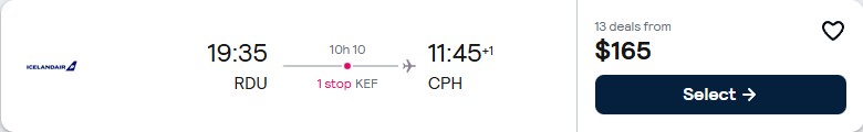 Cheap flights from Raleigh, North Carolina to Copenhagen, Denmark for only $165 one-way. Flight deal ticket image.