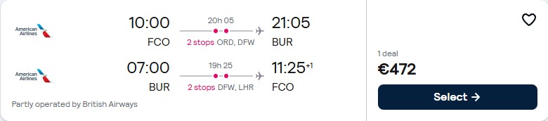 Cheap flights from Rome, Italy to Burbank, California for only €472 roundtrip with American Airlines and British Airways. Flight deal ticket image.