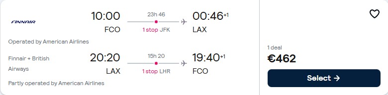 Cheap flights from Italian cities to Los Angeles, USA from only €462 roundtrip with American Airlines and British Airways. Flight deal ticket image.