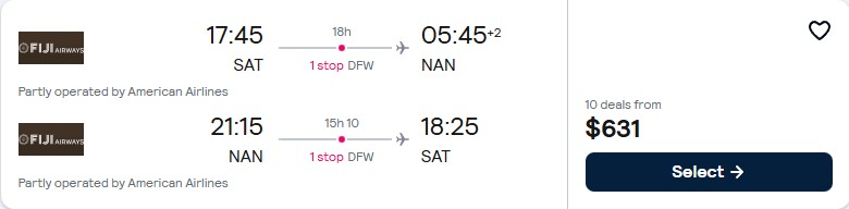 Click here to book this cheap flight deal. Cheap flights from San Antonio, Texas to Fiji for only $631 roundtrip with American Airlines and Fiji Airways. Flight deal ticket image.