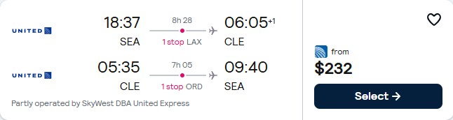 Click here to book this cheap flight deal. Cheap flights from Seattle to Cleveland, Ohio for only $232 roundtrip with United Airlines. Also works in reverse. Flight deal ticket image.