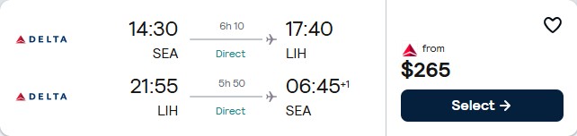 Non-stop flights from Seattle to Lihue, Hawaii for only $265 roundtrip with Delta Air Lines. Also works in reverse. Flight deal ticket image.