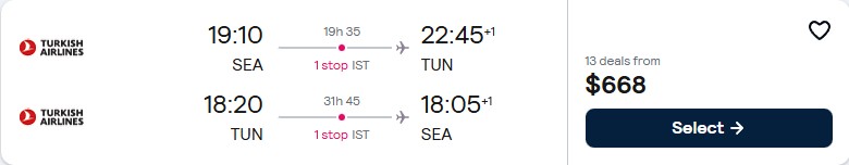 Cheap flights from Seattle to Tunis, Tunisia for only $668 roundtrip with Turkish Airlines. Flight deal ticket image.