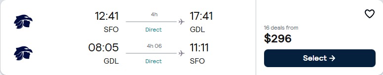 Non-stop flights from San Francisco to Guadalajara, Mexico for only $296 roundtrip with Aeromexico. Flight deal ticket image.