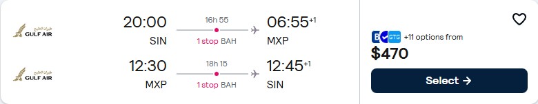 Click here to book this cheap flight deal. Cheap flights from Singapore to Milan, Italy for only $470 USD roundtrip. Flight deal ticket image.