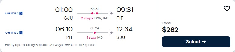 Click here to book this cheap flight deal. Cheap flights from San Juan, Puerto Rico to Pittsburgh, USA for only $282 USD roundtrip with United Airlines. Flight deal ticket image.