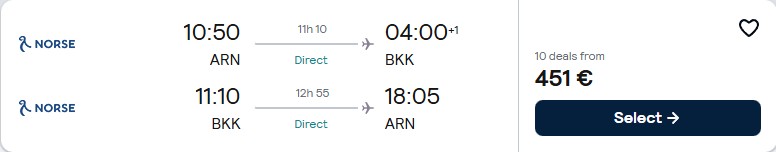 Non-stop flights from Stockholm, Sweden to Bangkok, Thailand for only €451 roundtrip. Flight deal ticket image.