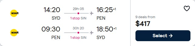 Cheap flights from Sydney, Australia to Penang, Malaysia for only $417 AUD roundtrip. Flight deal ticket image.