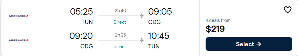 Click here to book this cheap flight deal. Non-stop, Christmas and New Year flights from Tunis, Tunisia to Paris, France for only $219 USD roundtrip with Air France. Flight deal ticket image.
