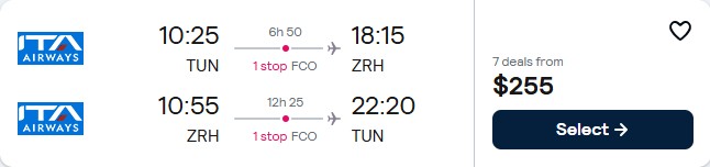 Click here to book this cheap flight deal. Cheap flights from Tunis, Tunisia to Zurich, Switzerland for only $255 USD roundtrip. Flight deal ticket image.