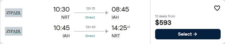 Click here to book this cheap flight deal. Non-stop, summer flights from Tokyo, Japan to Houston, Texas for only $592 USD roundtrip. Flight deal ticket image.