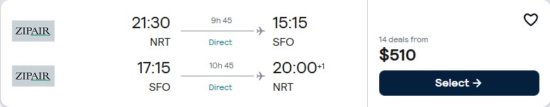 Non-stop flights from Tokyo, Japan to San Francisco, USA for only $510 USD roundtrip. Flight deal ticket image.