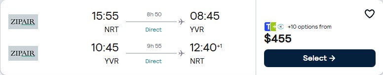 Click here to book this cheap flight deal. Non-stop flights from Tokyo, Japan to Vancouver, Canada for only $444 USD roundtrip. Flight deal ticket image.