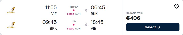 Cheap flights from Vienna, Austria to Bangkok, Thailand for only €409 roundtrip with Etihad Airways. Flight deal ticket image.