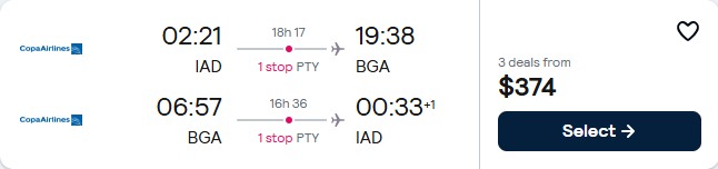 Click here to book this cheap flight deal. Cheap flights from Washington DC to Bucaramanga, Colombia for only $374 roundtrip with Copa Airlines. Flight deal ticket image.