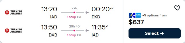 Click here to book this cheap flight deal. Cheap flights from Washington DC to Dubai, UAE for only $637 roundtrip with Turkish Airlines. Flight deal ticket image.