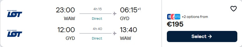 Non-stop flights from Warsaw, Poland to Baku, Azerbaijan for only €195 roundtrip with LOT Polish Airlines. Flight deal ticket image.