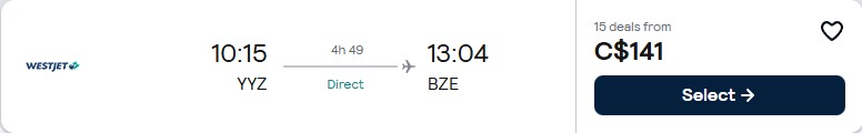 Non-stop flights from Toronto, Canada to Belize City, Belize for only $141 CAD one-way. Flight deal ticket image.