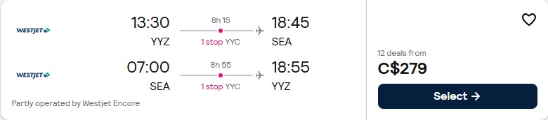 Summer flights from Toronto, Canada to Seattle, USA for only $279 CAD roundtrip. Flight deal ticket image.