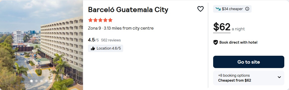 Click here to book this cheap flight deal. Stay at the 5* Barceló Guatemala City in Guatemala City, Guatemala for only $62 USD per night over Christmas and New Year. Flight deal ticket image.