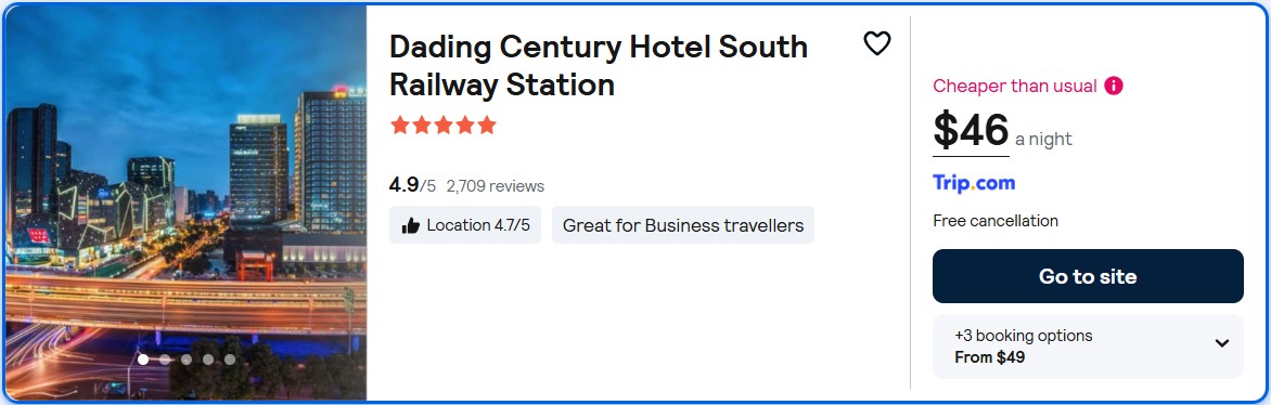 Click here to book this cheap flight deal. Stay at the 5* Dading Century Hotel South Railway Station in Chengdu, China for only $46 USD per night. Flight deal ticket image.
