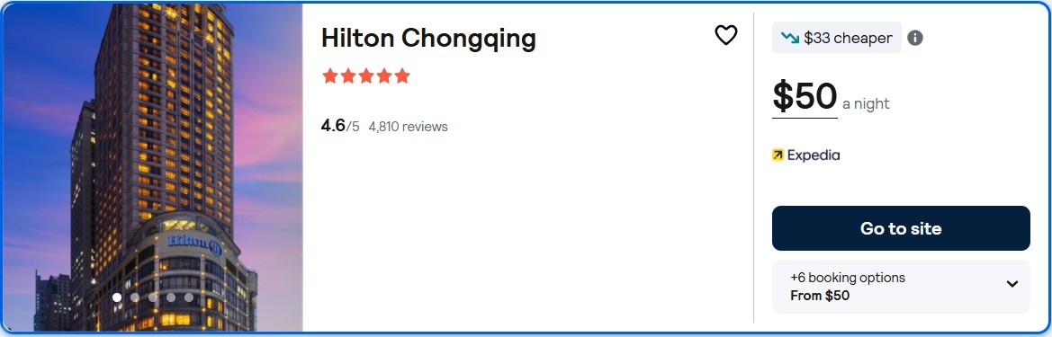 Click here to book this cheap flight deal. Stay at the 5* Hilton Chongqing in Chongqing, China for only $50 USD per night. Flight deal ticket image.