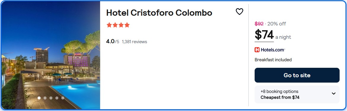 Click here to book this cheap flight deal. Stay at the 4* Hotel Cristoforo Colombo in Rome, Italy for only $74 USD per night. Flight deal ticket image.