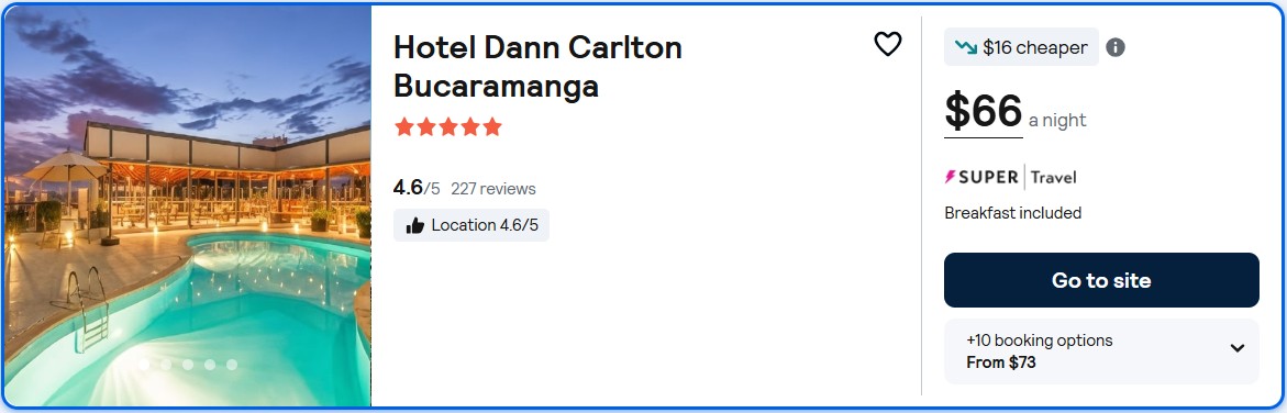 Click here to book this cheap flight deal. Stay at the 5* Hotel Dann Carlton Bucaramanga in Bucaramanga, Colombia for only $66 USD per night. Flight deal ticket image.