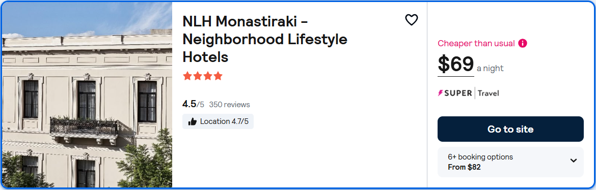 Click here to book this cheap flight deal. Stay at the 4* NLH Monastiraki - Neighborhood Lifestyle Hotels in Athens, Greece for only $69 USD per night. Flight deal ticket image.