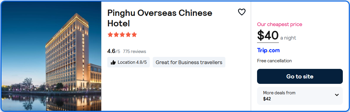 Click here to book this cheap flight deal. Stay at the 5* Pinghu Overseas Chinese Hotel in Pinghu, China for only $40 USD per night. Flight deal ticket image.