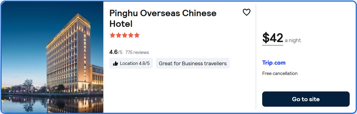 Click here to book this cheap flight deal. Stay at the 5* Pinghu Overseas Chinese Hotel in Pinghu, China for only $42 USD per night over Christmas. Flight deal ticket image.