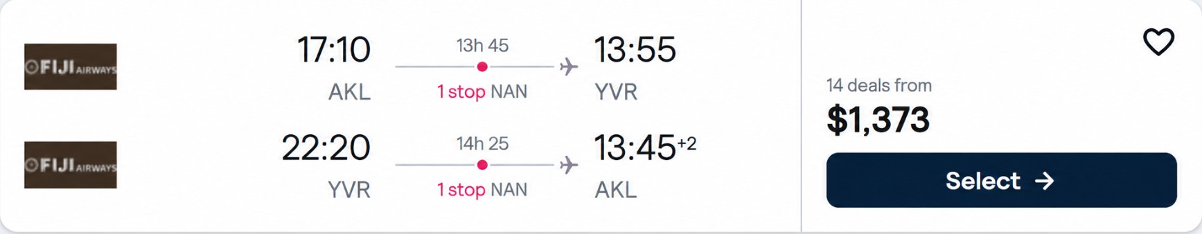 Cheap flights from Auckland, New Zealand to Vancouver, Canada for only $1373 NZD roundtrip with Fiji Airways. Flight deal ticket image.