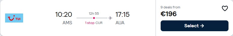 Last minute flights from Amsterdam, Netherlands to Aruba for only €196 one-way. Flight deal ticket image.