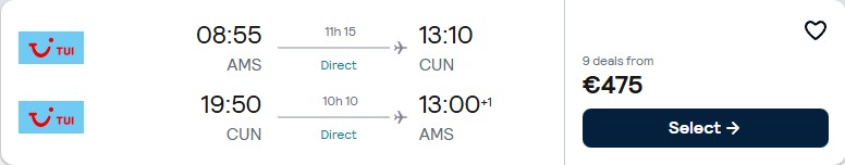 Non-stop flights from Amsterdam, Netherlands to Cancun, Mexico for only €475 roundtrip. Flight deal ticket image.