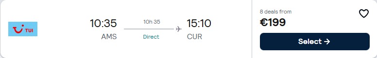 Non-stop, last minute flights from Amsterdam, Netherlands to Curacao for only €199 one-way. Flight deal ticket image.