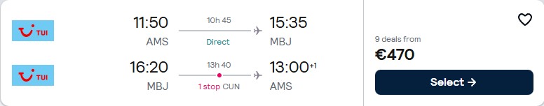 Cheap flights from Amsterdam, Netherlands to Montego Bay, Jamaica for only €468 roundtrip. Flight deal ticket image.
