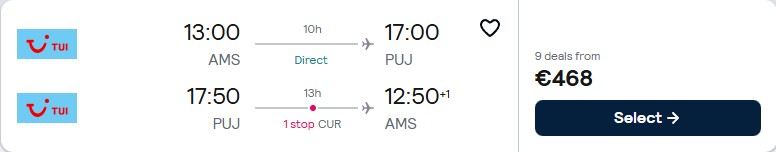 Cheap flights from Amsterdam, Netherlands to the Dominican Republic for only €468 roundtrip. Flight deal ticket image.