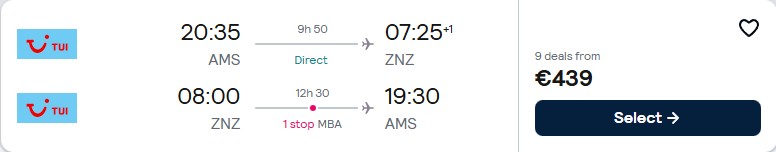Click here to book this cheap flight deal. Cheap flights from Amsterdam, Netherlands to Zanzibar, Tanzania for only €439 roundtrip. Flight deal ticket image.
