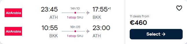 Click here to book this cheap flight deal. Cheap flights from Athens, Greece to Bangkok, Thailand for only €460 roundtrip. Flight deal ticket image.