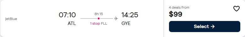 Click here to book this cheap flight deal. Cheap flights from Atlanta to Guayaquil, Ecuador for only $99 one-way with JetBlue. Flight deal ticket image.