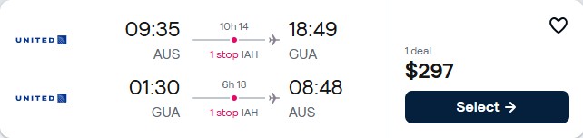 Cheap flights from Austin, Texas to Guatemala City, Guatemala for only $297 roundtrip with United Airlines. Flight deal ticket image.