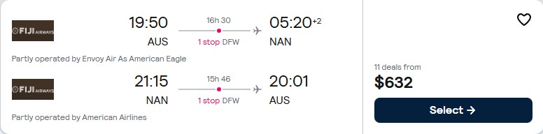 Summer flights from Austin, Texas to Fiji for only $632 roundtrip with American Airlines and Fiji Airways. Flight deal ticket image.