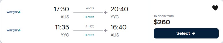 Click here to book this cheap flight deal. Non-stop flights from Austin, Texas to Calgary, Canada for only $260 roundtrip. Flight deal ticket image.