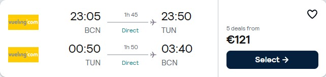 Click here to book this cheap flight deal. Non-stop flights from Barcelona, Spain to Tunis, Tunisia for only €121 roundtrip. Flight deal ticket image.