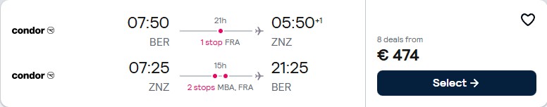Click here to book this cheap flight deal. Last minute flights from German cities to Zanzibar, Tanzania from only €473 roundtrip. Flight deal ticket image.